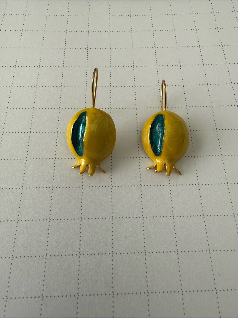 Small Enamel Yellow & Teal Pomegranate Drop Earrings